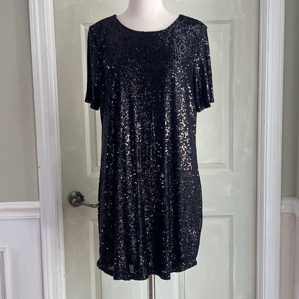 Betsey Johnson Sequin Dress L Womens Short Sleeve Shift Black Party Glam Y2K
